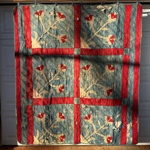 Antique Early 1800s Distressed Red and Blue Floral Quilt